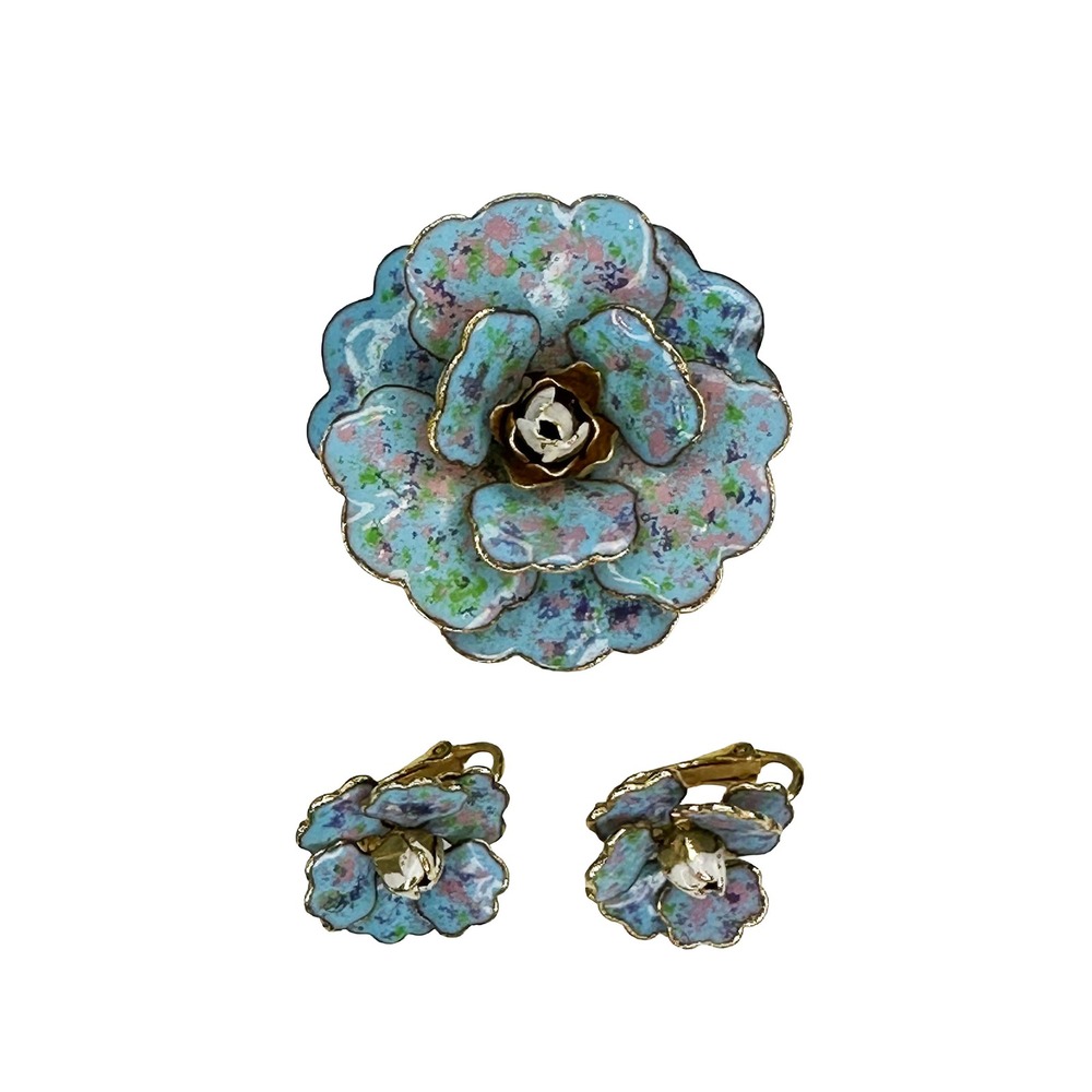 VINTAGE Enamel Flower Brooch & Clip-on Earrings Set • blue, pink, green - Picture 1 of 5